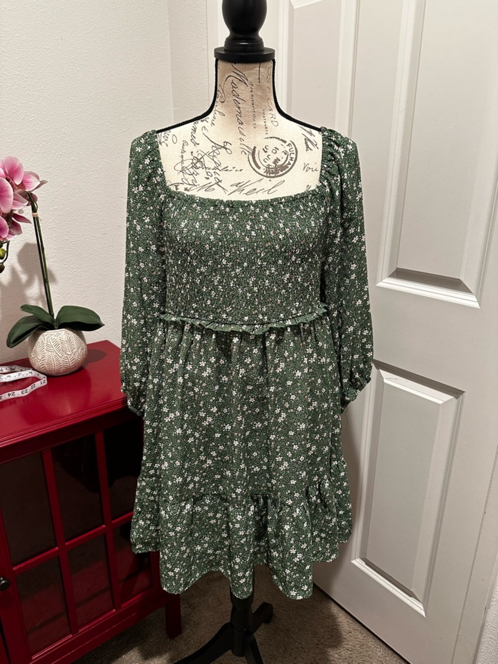 Smocked Square-Neck Green Floral Long-Sleeve Dress